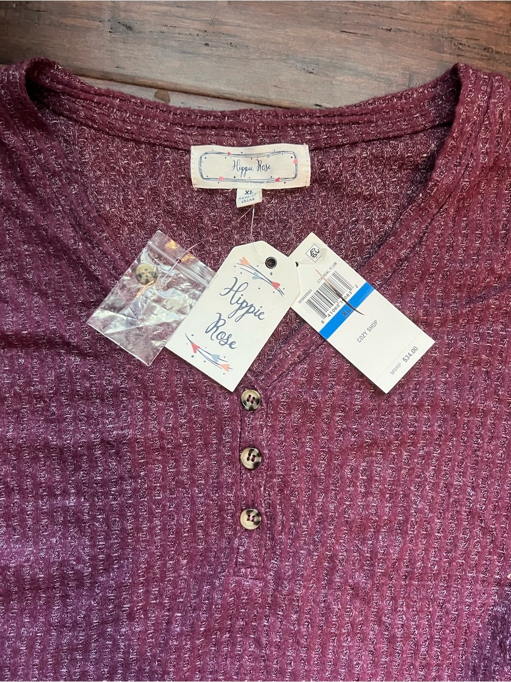 Hippie Rose Plum Heathered Henley Long Sleeve Shirt - Picture 2 of 2